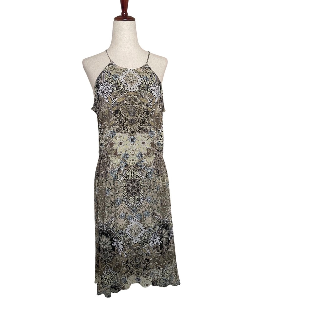 Y2K‎ Forest Fairy Grunge Medium Green Paisley Halter Mesh Midi Dress Boho Earthy